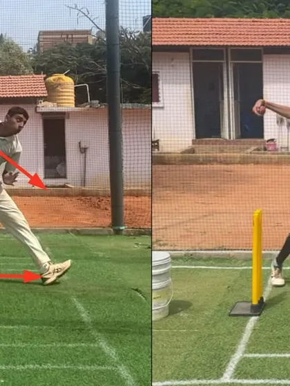 This angle highlights the improved stride and body alignment. The bowler is no longer past side-on at landing, giving him a much better position to bowl from.