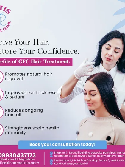 A patient receiving a Growth Factor Concentrate (GFC) hair treatment from one of our expert dermatologists. This image illustrates the clinical precision of the procedure, which promotes natural hair regrowth, improves thickness, and reduces ongoing hair fall.