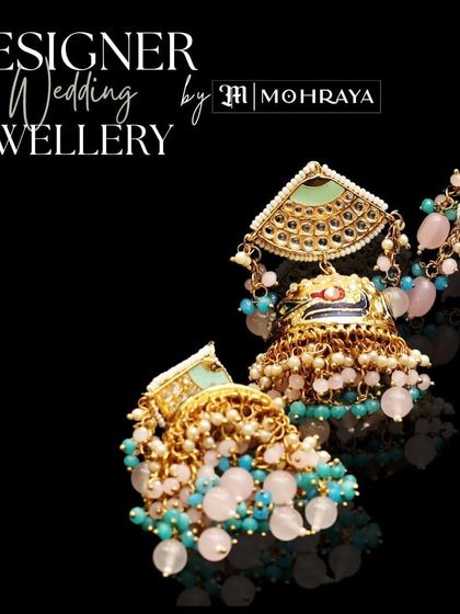 A graphic showcasing our designer wedding jhumkas with beautiful meenakari work in shades of pink and blue.