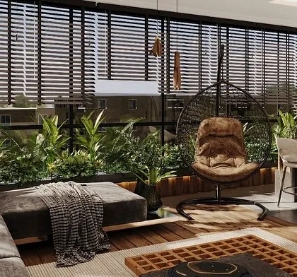 A closer look at the lounge area within a terrace sunroom, featuring a comfortable sectional sofa and a hanging chair. The adjustable blinds offer privacy while allowing for ample natural light.