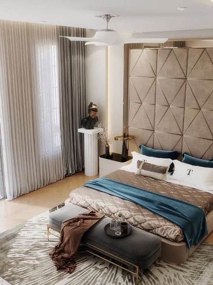 Two angles of a bright, sunlit bedroom with a large, upholstered geometric headboard. The renders emphasize the natural light from the garden-facing window and the clean, luxurious feel of the space.