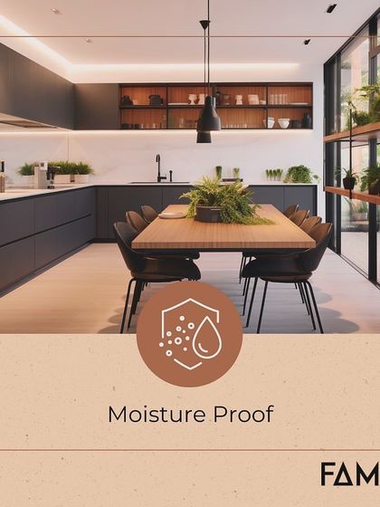 This open-plan kitchen and dining area is completely moisture-proof thanks to M-Core. This means no swelling or warping, even in a space with cooking steam and potential spills, ensuring your investment is protected.