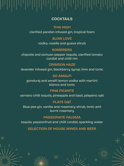 Our special New Year's Eve cocktail list. Featuring inventive drinks like the Thai High with clarified pandan-infused gin and the Sombrero with chipotle tequila.