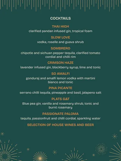 Our special New Year's Eve cocktail list. Featuring inventive drinks like the Thai High with clarified pandan-infused gin and the Sombrero with chipotle tequila.