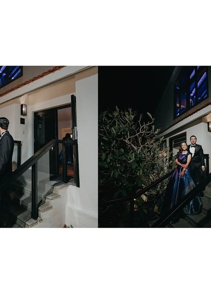 A collage of candid moments from Shreya and Rohan's welcome dinner in Kerala. It shows the groom with his groomsmen and the couple interacting with guests.
