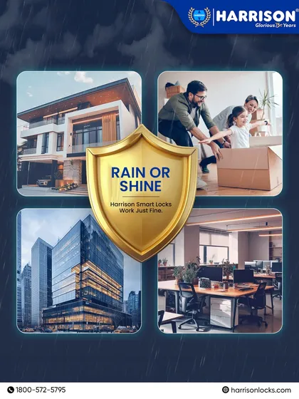 Rain or shine, our smart locks work just fine. This visual shows that our water-resistant and weather-ready locks are built to protect everything from modern homes to high-rise offices, no matter the season.