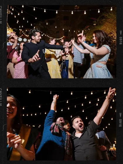 A film-strip collage of the couple and their guests dancing the night away under the stars.