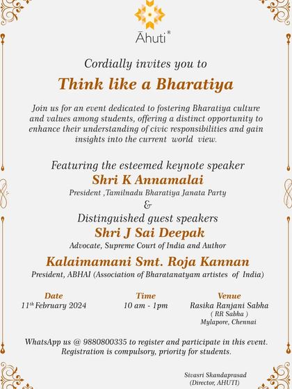 The formal invitation for the "Think Like a Bharatiya" event. Fostering a Bharatiya worldview among students is a critical mission.