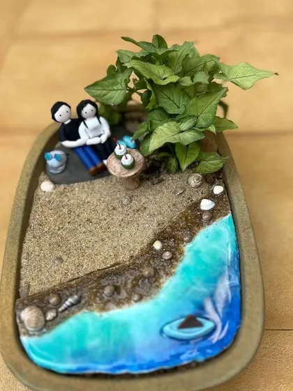 The full view of the beach diorama, a unique and personal gift that captures a happy memory.