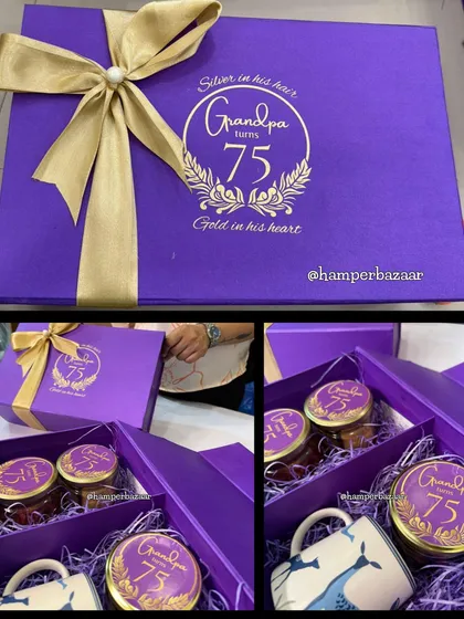 "Silver in his hair, Gold in his heart." We were so honored to create this personalized hamper for a grandpa's 75th birthday. The royal purple box was customized with this beautiful message and filled with his favorite treats like almond cookies, ragi chips, and assorted truffle chocolates.