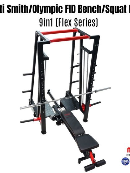 The 9-in-1 machine set up for a decline press, demonstrating its versatility for targeting all parts of the chest.