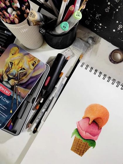 The ice cream drawing in my sketchbook, surrounded by my art supplies.