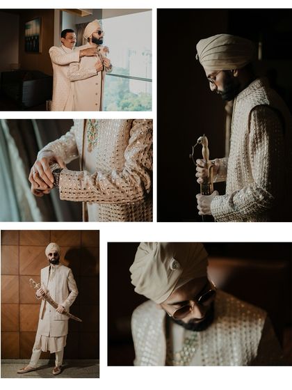 A collage of the groom's getting-ready portraits, showcasing his royal attire, the traditional kirpan, and his stylish details.