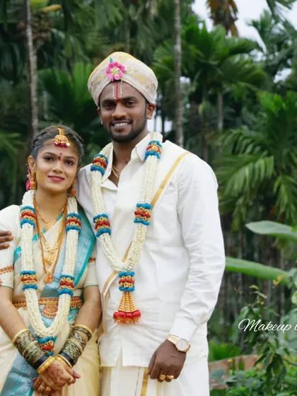 A beautiful moment captured between the bride and groom. I provide makeup services for both, ensuring the couple looks perfectly coordinated and picture-perfect for their wedding album.