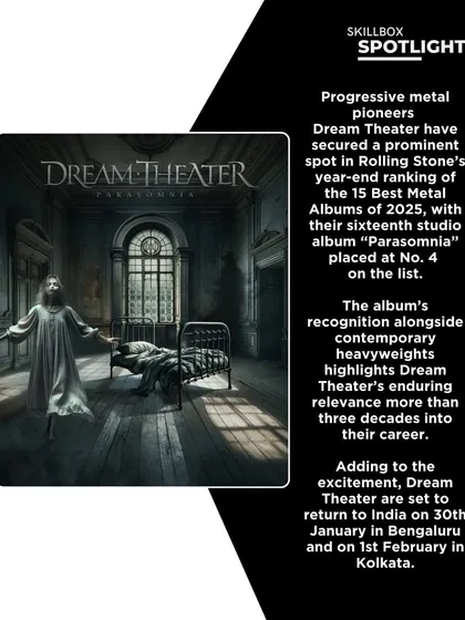 A spotlight graphic celebrating Dream Theater's album 'Parasomnia' ranking in Rolling Stone's Best Metal Albums list, building hype for their India tour.