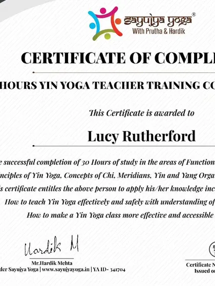 Certificate for an international graduate of our 30-hour Yin Yoga TTC.