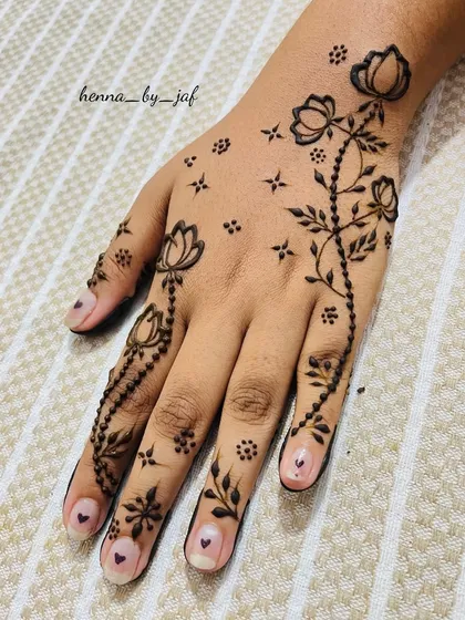 A beautiful and delicate design featuring lotus flowers and beaded chains. The pattern flows gracefully from the wrist to the fingers.