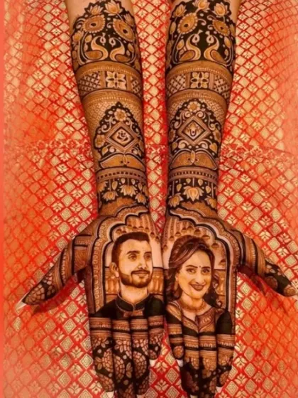 A hyper-realistic couple portrait mehandi. This showcases my ability to capture likenesses in henna for a truly one-of-a-kind bridal design.