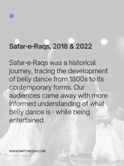This graphic highlights "Safar-e-Raqs," a historical production tracing the journey of belly dance from the 1800s to its contemporary forms.