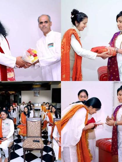 A collage showing us interacting with and guiding participants during a retreat.