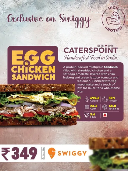 For a serious protein boost, our Egg and Chicken Sandwich is the answer. We layer shredded chicken and a soft omelette on multigrain bread with fresh veggies and a light mayonnaise, packing in over 39 grams of protein to power your day.