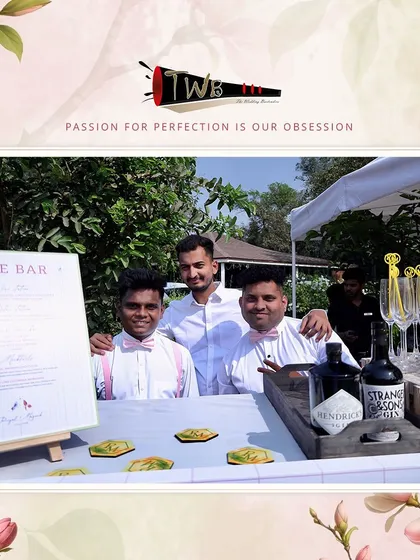 Three of our professional bartenders in matching uniforms, ready to serve at a vibrant Haldi celebration at Saltt, Karjat.