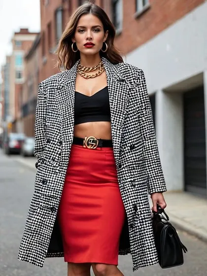This 'Modern Maverick' concept pairs a classic black and white houndstooth long coat with a vibrant red pencil skirt and a black crop top. It's a powerful demonstration of using AI for outfit ideation that mixes patterns, bold colors, and layered styling.