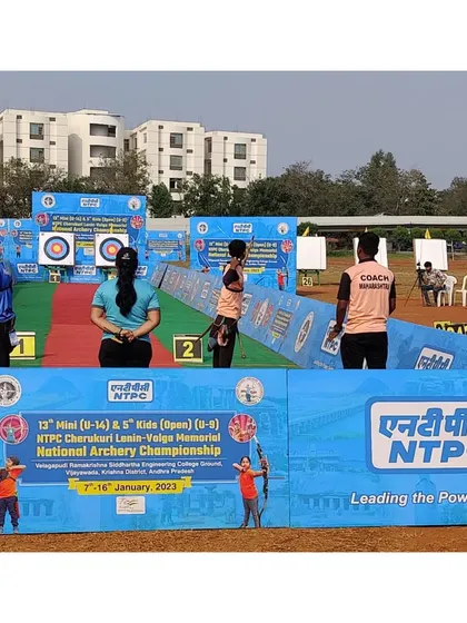 The impressive setup at the 13th Mini Sub Junior National Archery Championship, sponsored by NTPC. National events have a professional and exciting atmosphere.