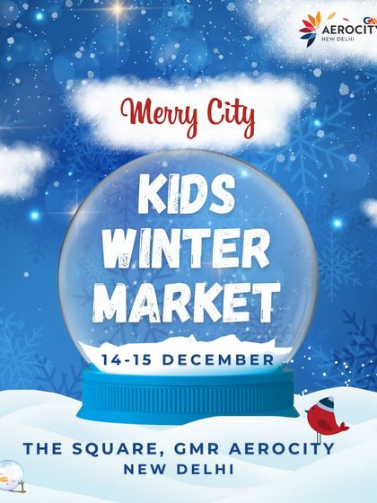 A whimsical snow globe design announcing the Merry City Kids Winter Market. This poster lists all the fun to be had, from shopping and play areas to family activities.