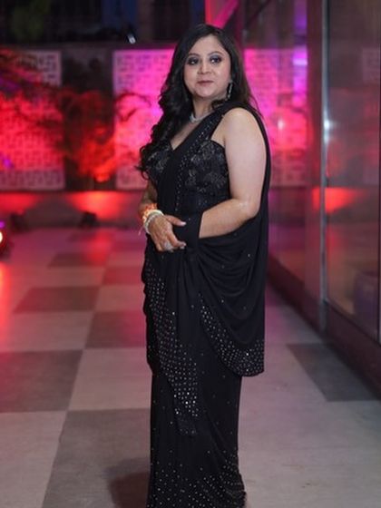 Another shot of Riya's cocktail party look. The makeup was designed to be long-lasting and photogenic, ensuring she looked her best throughout the entire event.