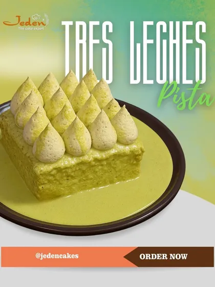 A closer look at our Tres Leches Pista pastry. This dessert combines the creamy magic of a classic milk cake with the rich, nutty flavor of pistachio for a truly indulgent treat.