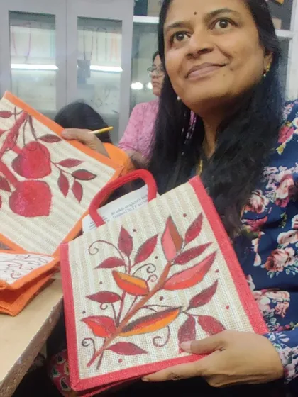 Here is a beautiful, hand painted jute tote bag from one of my fabric painting workshops. It is wonderful to see participants create something so practical and artistic that they can use every day.