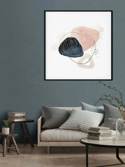 A single framed print from our abstract collection, this piece showcases a balanced composition of navy and pink shapes. It works beautifully as a standalone piece or as part of a larger gallery wall.