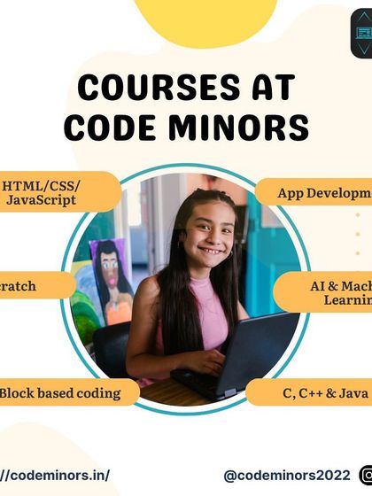 This graphic provides an overview of the diverse courses offered at Code Minors. We cover everything from beginner-friendly Scratch and block-based coding to advanced topics like App Development, AI, and languages like C++ and Java.