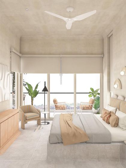 A render of a bedroom for 'Steen House'. The design connects the room to an outdoor balcony, with a focus on natural textures and a calm, neutral color palette.