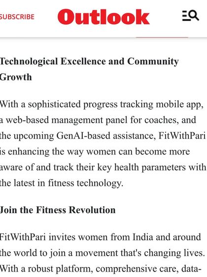 A screenshot of the Outlook India article, detailing our use of technology and our focus on community growth to empower women globally.
