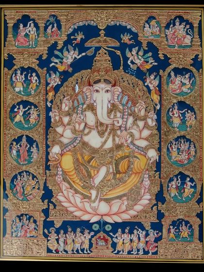 This award-winning painting of Lord Ganesha is surrounded by miniature scenes from his life, showcasing incredible detail and storytelling within a single frame.