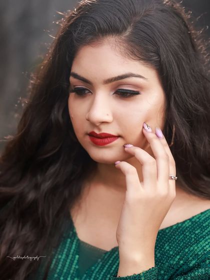 A series of portraits featuring a model in a stylish green sequin and black dress. The combination of outdoor and rustic indoor settings provides a variety of backdrops for this modern look.