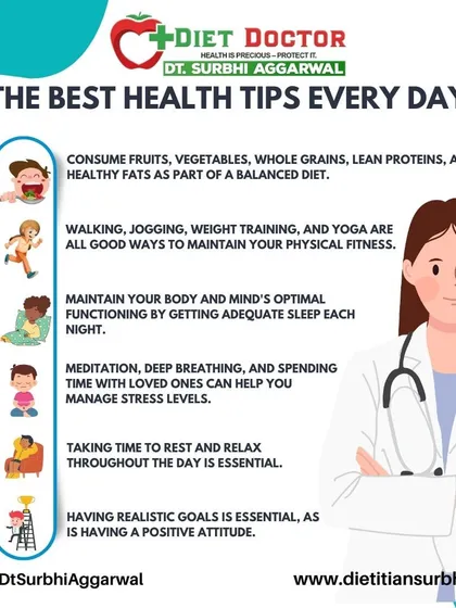 These are my best daily health tips. They include eating a balanced diet, staying physically active, getting enough sleep, and managing stress to maintain optimal health.