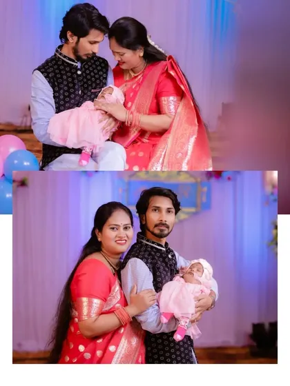 A pair of family portraits from the naming ceremony, capturing the new family of three in both a candid and a posed shot.