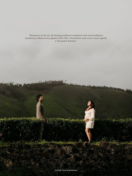 Sanchana and Adarsh looking at each other across the tea bushes. The text overlay adds a poetic, storytelling element to this scenic shot.