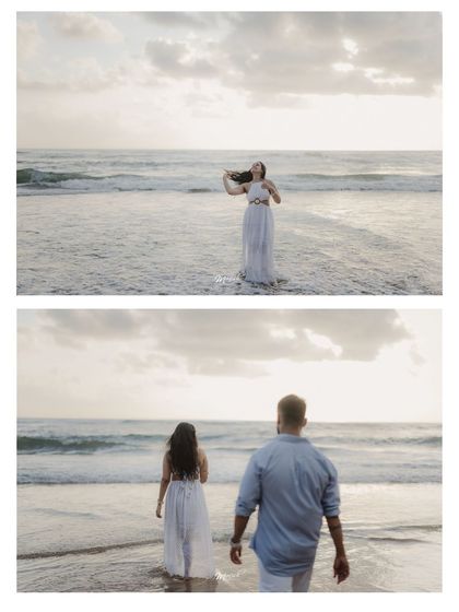 A collage capturing the serene beauty of a walk on the beach, with the waves gently washing over their feet.