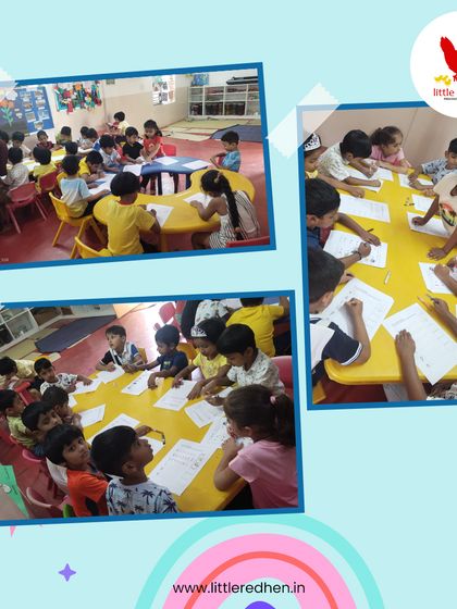 These images from our summer camp show groups of children happily engaged in a letter-to-picture matching game. Collaborative activities like this make learning a social and joyful experience.