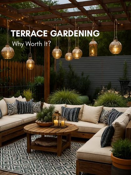 A terrace garden is more than just a pretty space. This image of a beautifully lit patio highlights how a green retreat can be a place for wellness, relaxation, and making memories.