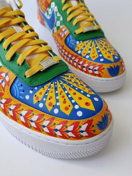 A close-up of the toe box on the Indian motif AF1s. The detail is what makes these special, with layers of patterns and colours creating a rich, textured look.