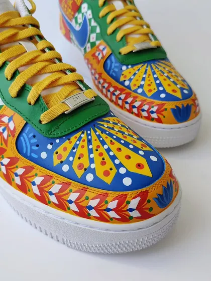 A close-up of the toe box on the Indian motif AF1s. The detail is what makes these special, with layers of patterns and colours creating a rich, textured look.