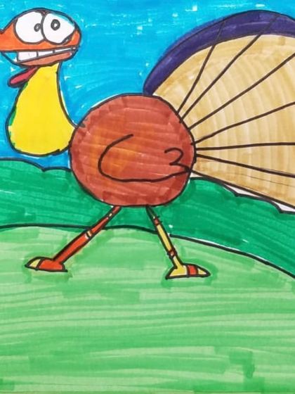 A different angle on our turkey character, this time walking with a cheerful expression. We teach students to draw characters from multiple perspectives.