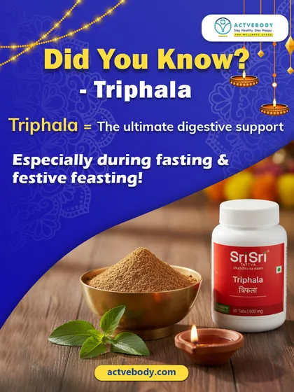 Did you know Triphala is the ultimate digestive support, especially during fasting and feasting? This image of Sri Sri Triphala tablets and powder shows how it helps keep your digestion balanced and detoxifies naturally.