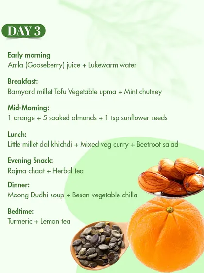 Day 3 of the diabetes plan begins with amla juice to boost immunity. Meals include barnyard millet upma and a light moong dudhi soup, focusing on low-glycemic foods that provide sustained energy.