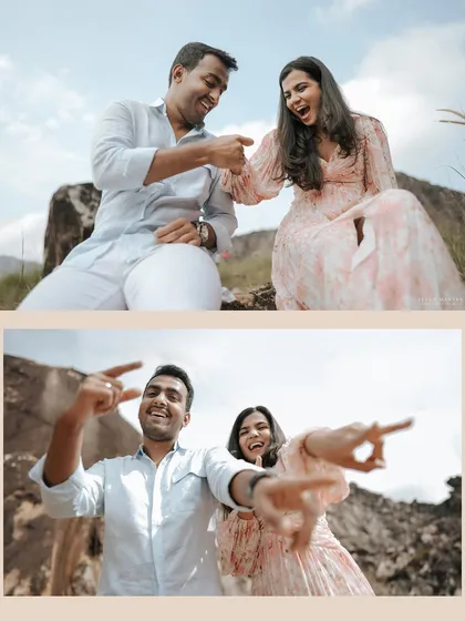 A collage of goofy, playful, and fun moments on a mountain top. This shows the lighthearted and adventurous side of the couple's relationship.